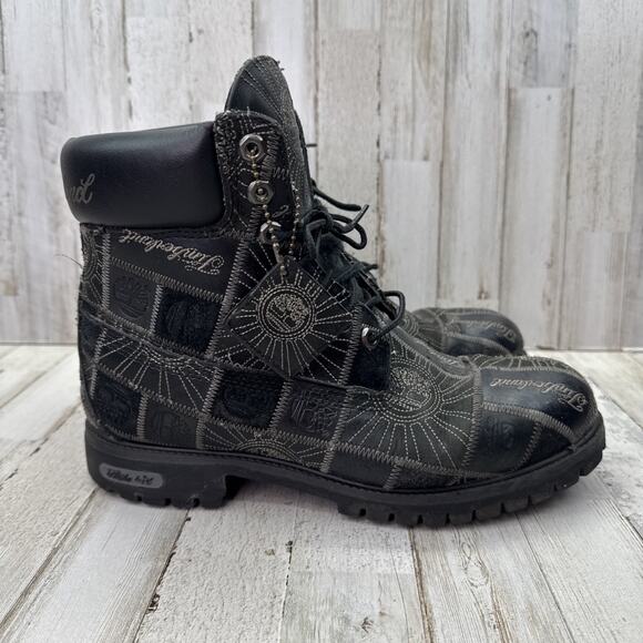 Timberland Patchwork Boots Men 9M Black Leather Suede Work Waterproof Grunge Y2K - Picture 1 of 14